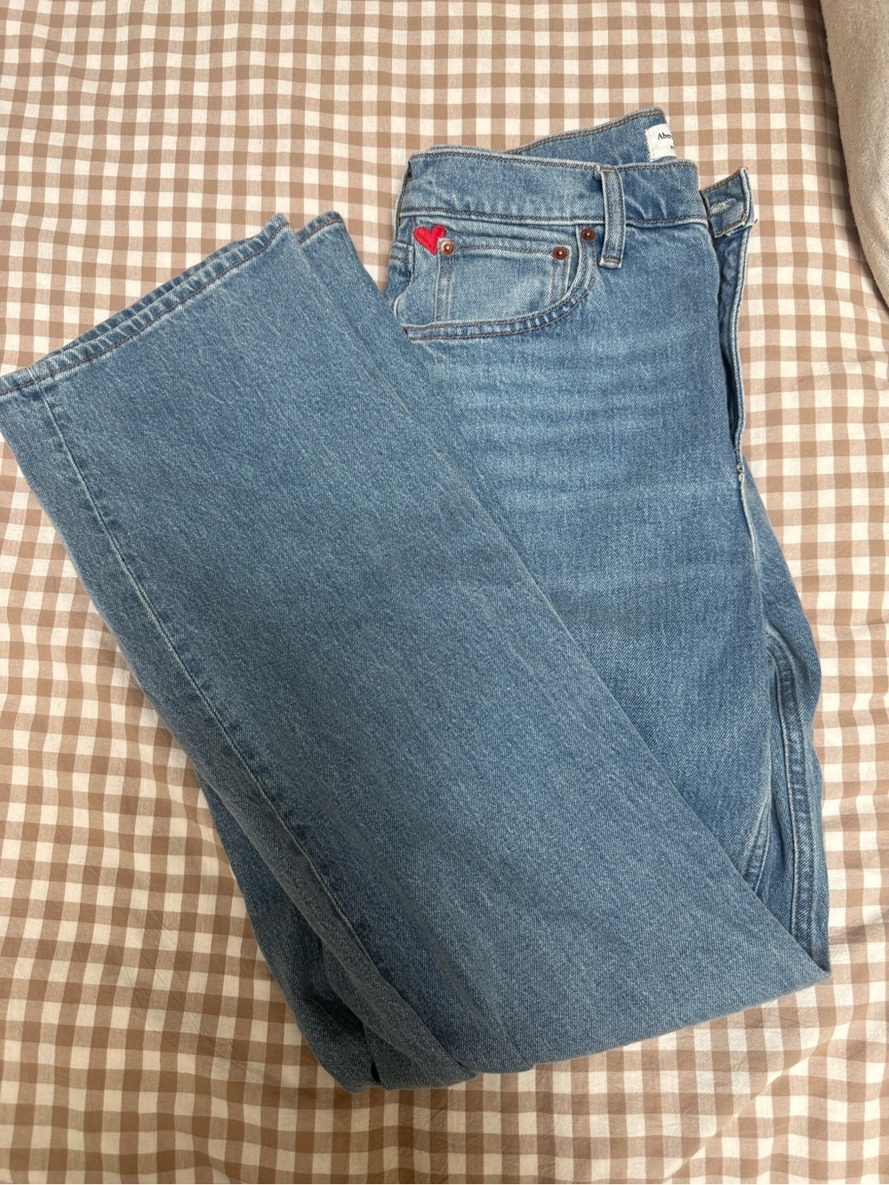 Abercrombie & Fitch Light Blue Straight Leg Jeans with Red Heart Accent